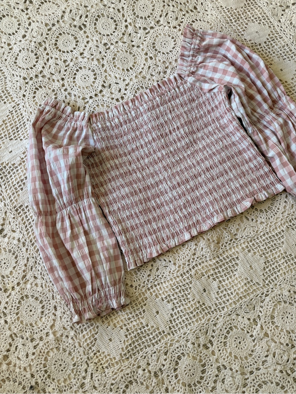Sweet Pink Gingham Smocked Off-Shoulder Blouse Size Large